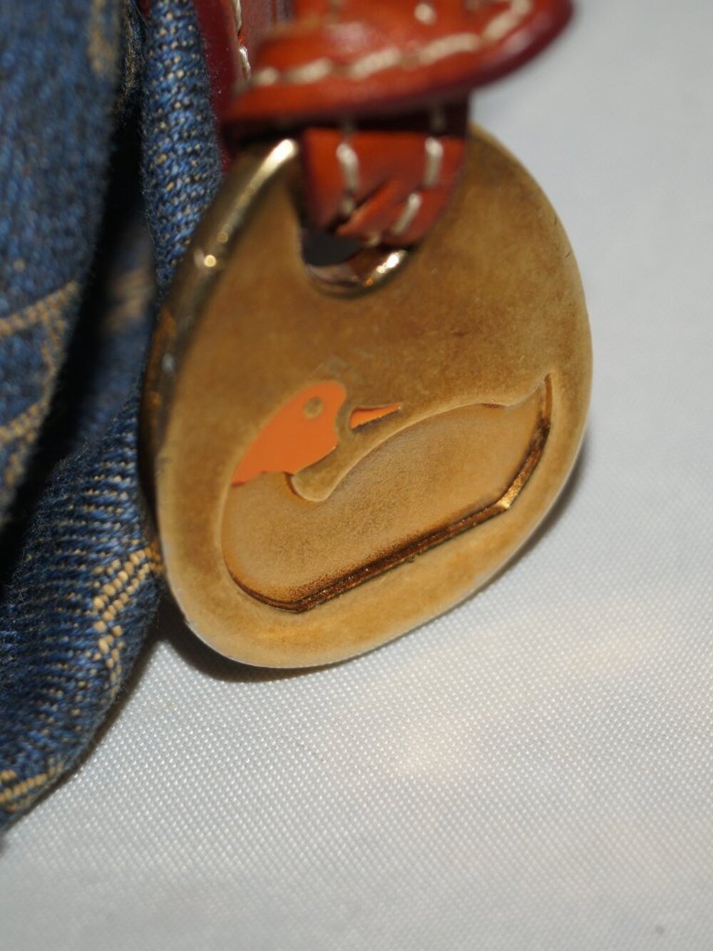 Dooney & Bourke Denim Handbag Blue Brown Leather Large Purse Monogram Medallion - Picture 3 of 12